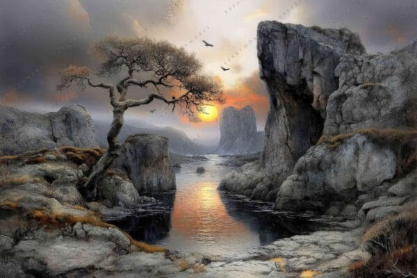 "Digital painting of a sunset over a rocky landscape with gnarled tree and birds."
