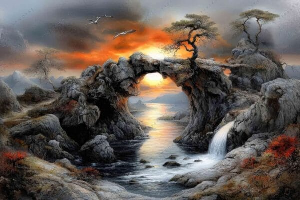 Surreal digital painting of rocky arch over river at sunset, with trees and birds.