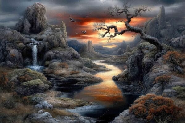 "Digital painting of rocky landscape with river, waterfall, and dramatic sunset sky."