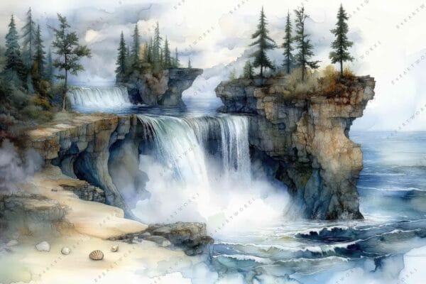"Watercolor painting of a serene coastal landscape with cliffs, pine trees, and waterfalls."