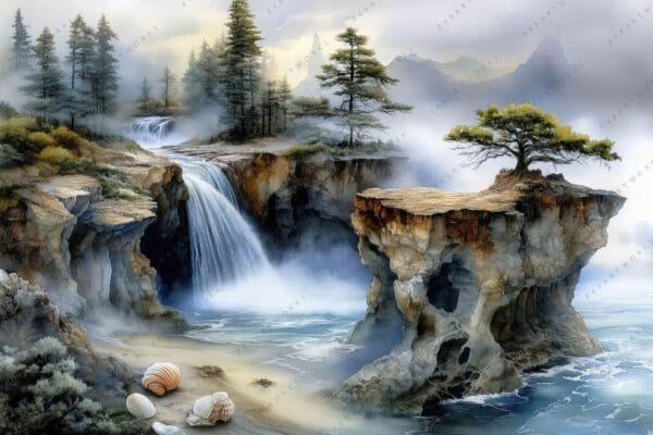 "Fantasy digital painting of a waterfall on rocky cliffs with mist and pine trees."