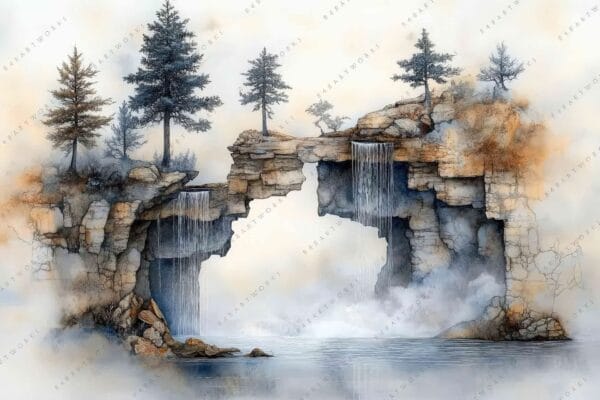Watercolor painting of a stone arch with trees and cascading waterfalls over water.