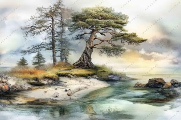 "Digital painting of a tranquil lakeside with trees, shells, and soft pastel colors."