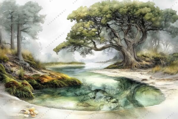 Realistic digital painting of a serene riverbank with trees and mossy ground.