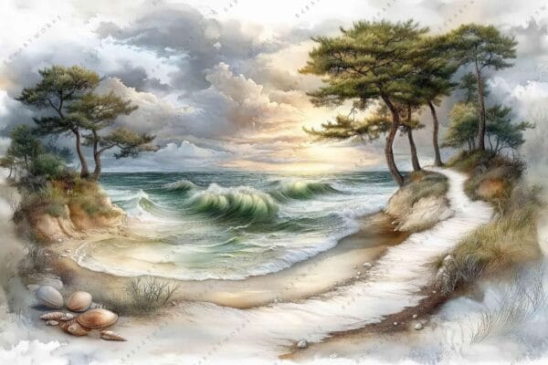 "Digital painting of a serene coastal landscape with waves, trees, and seashells."