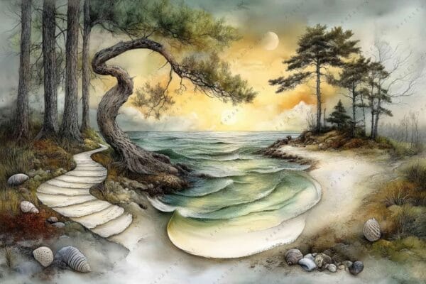 "Surreal painting of a winding forest path beside a tranquil sea at sunset."