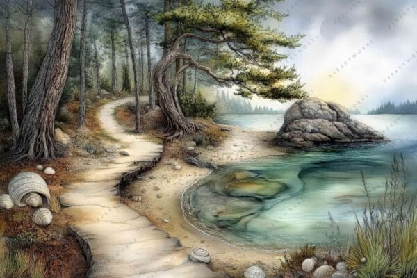 Illustration of a forest pathway by a lake, featuring trees and rocky shorelines.