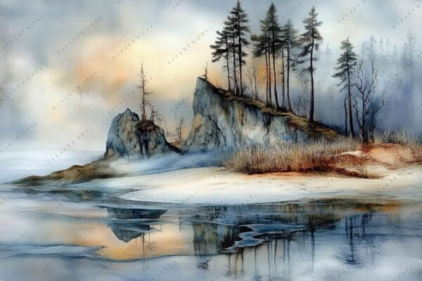 "Digital painting of misty shoreline with pine trees, rocks, and reflections in pastel tones."