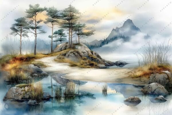 "Serene digital painting of a misty lakeside landscape with trees and mountains in soft hues."