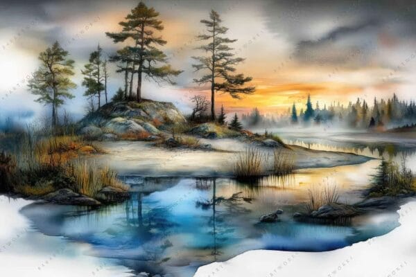 "Landscape painting of trees by a serene lake at sunrise, featuring orange and blue hues."