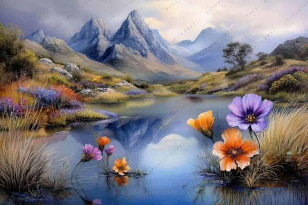 Landscape painting of vibrant wildflowers by a reflective lake and distant mountains.