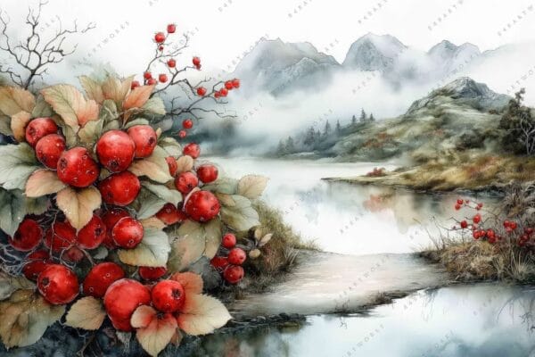 "Digital painting of red berries and foggy mountains reflected in a serene lake."
