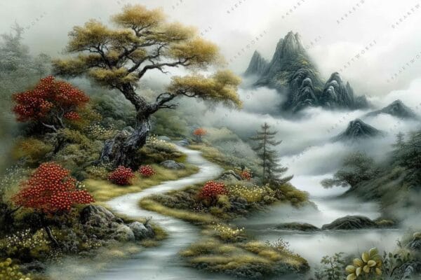 "Misty landscape digital painting with winding path, vibrant trees, and towering mountains."