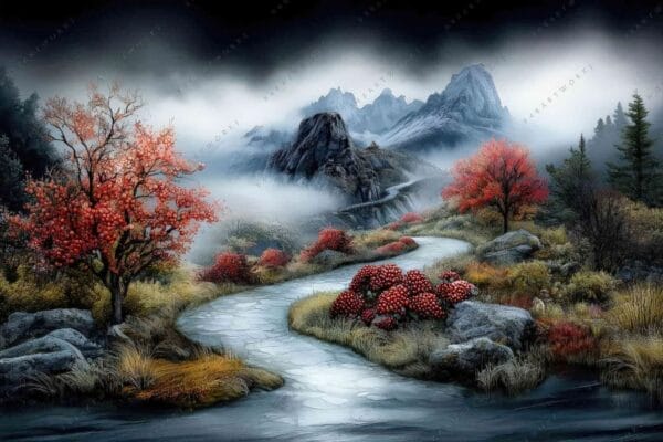 "Dreamlike digital painting of misty mountains with vibrant red trees and winding path."