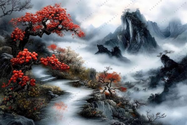Digital painting of misty mountains with red-leaved trees and stone pathway.