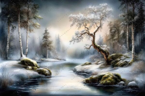 Winter landscape oil painting with frosted trees and a tranquil river in muted tones.