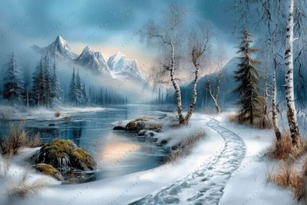 Winter landscape painting with snowy trees, mountains, and a frozen river in cool tones.