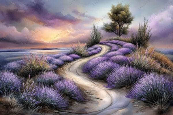 "Digital painting of a lavender field with a winding path at sunset, purple hues."