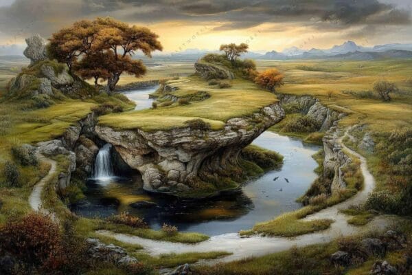 "Realistic painting of a lush grassy landscape with a river and small waterfall."