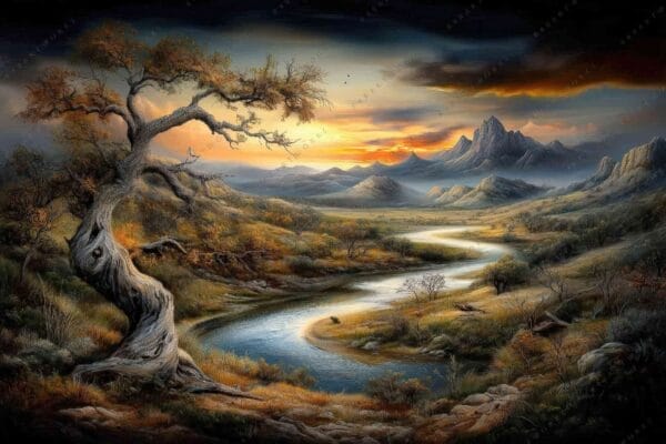 "Realistic painting of a winding river, mountains, and twisted trees at sunset."