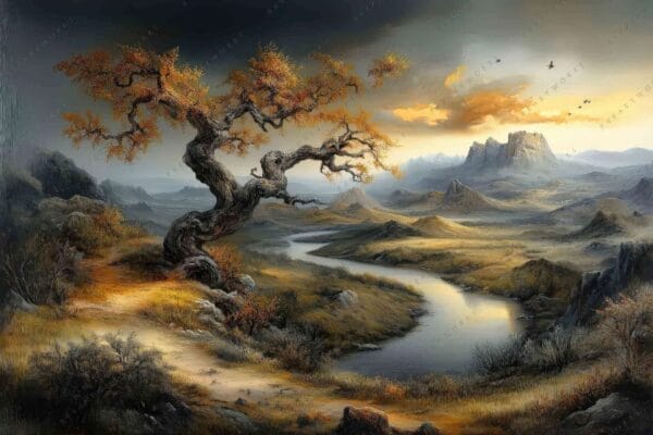 "Fantasy landscape painting of winding river, gnarled tree, and mountains in golden hues."