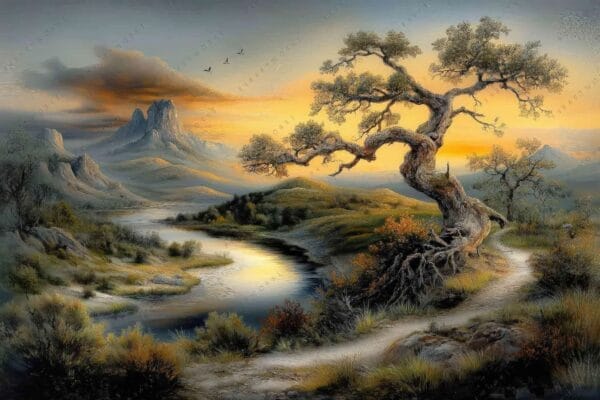 Painting of a twisting tree by a river at sunset with distant mountains.