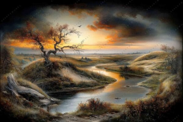 Landscape painting of a winding river at sunset with dramatic clouds and trees.