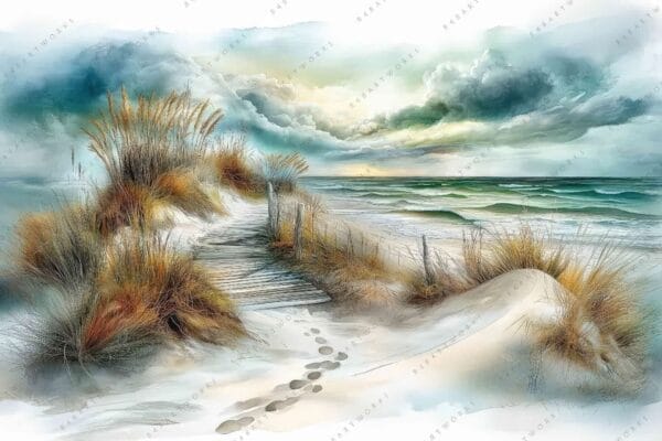 "Watercolor painting of a beach with grassy dunes and dramatic cloudy sky."