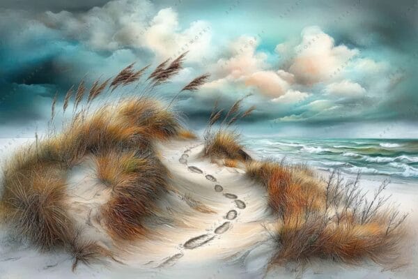 Digital painting of sandy beach dunes with grass, cloudy sky, and ocean waves.