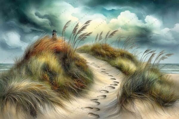 Digital painting of sandy dunes with grasses, a lighthouse, and dramatic sky.