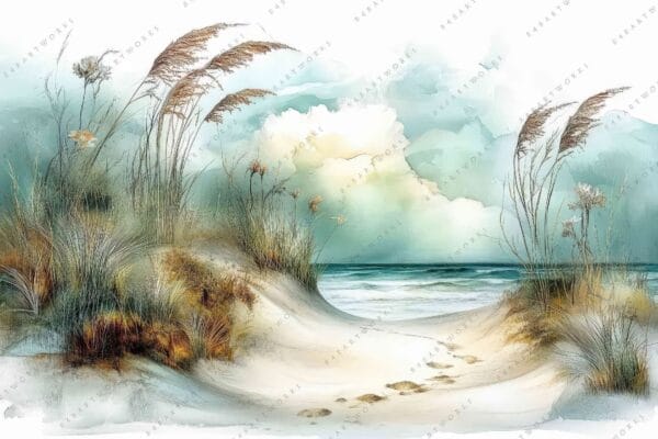 Watercolor painting of coastal dunes with tall grasses under a cloudy sky.