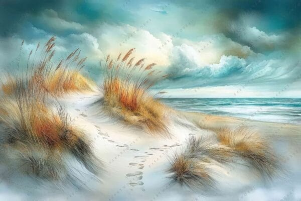 Digital painting of sandy beach path, tall grasses, ocean waves, and cloudy sky.