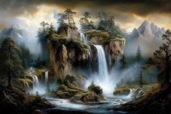 "Fantasy digital painting of waterfalls and cliffs surrounded by misty forest and mountains."