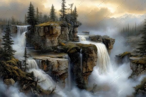 "Digital painting of cascading waterfalls on rocky cliffs under a dramatic sky."