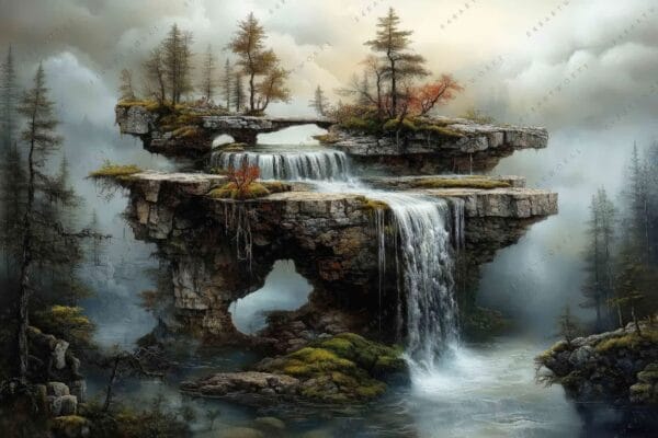 "Fantasy digital painting of floating waterfalls and lush vegetation in misty landscape."