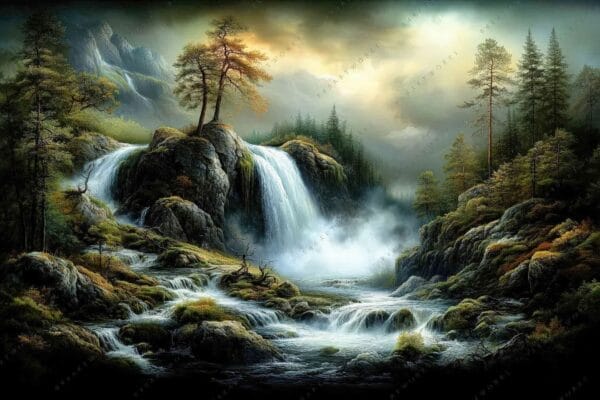 "Realistic digital painting of a cascading waterfall in a misty forest landscape."