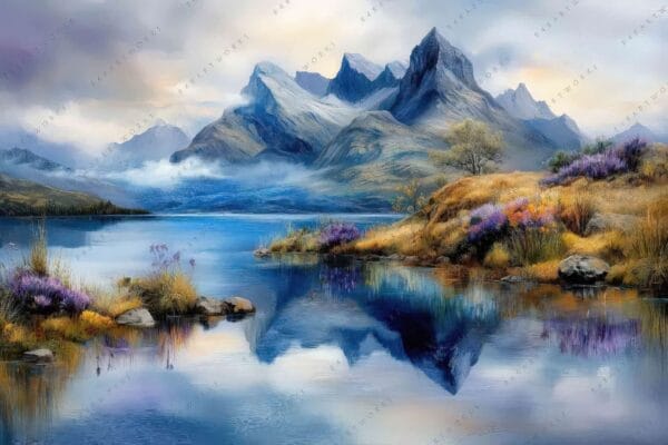 Digital painting of a serene lake with distant blue mountains and colorful foliage.