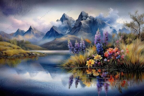 "Oil painting of colorful wildflowers beside a serene reflective lake with jagged mountains."