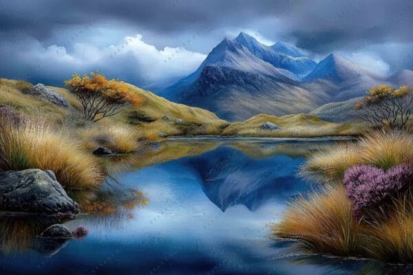 Digital painting of a serene landscape with mountains, grassy shore, and reflective blue lake.