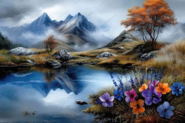 Digital painting of a tranquil mountain landscape with colorful flowers by a reflective lake.