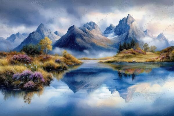 "Digital painting of serene mountain landscape with vibrant foliage and water reflections."
