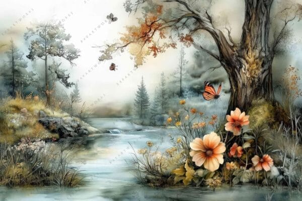 Digital painting of a serene forest landscape with flowers, butterflies, and a calm river.