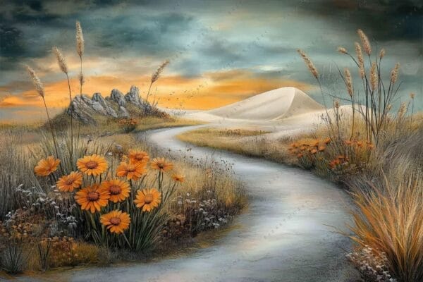 "Surreal landscape painting with orange daisies, grassy path, and dramatic sky."