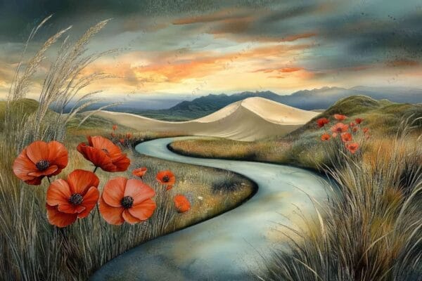 Surreal digital painting of poppy field, winding stream, and sand dunes at sunset.