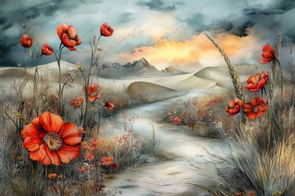 "Surreal digital painting of red poppies in a whimsical landscape with stormy sky."