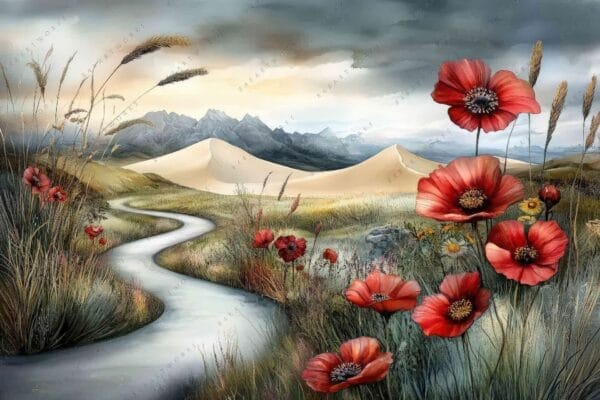 Digital painting of red poppies by a winding path, with mountains and dunes.