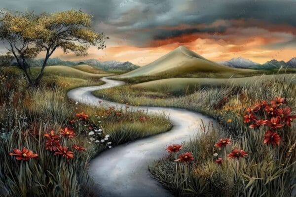 "Digital painting of winding path through lush hills and vivid wildflowers under a dramatic sky."