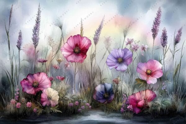 Digital painting of colorful wildflowers and grasses in soft pastel hues.