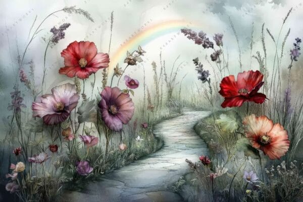 Digital art of a floral meadow with vivid poppies and a distant rainbow.