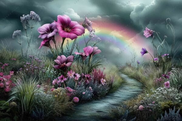 Digital painting of a floral meadow with pink flowers and a rainbow in cloudy sky.